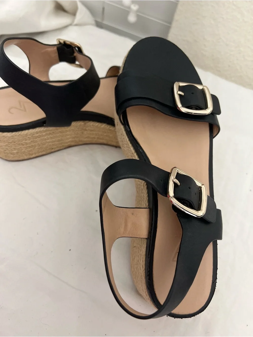 27 EDIT Black Platform Espadrille Sandals with Gold Buckles